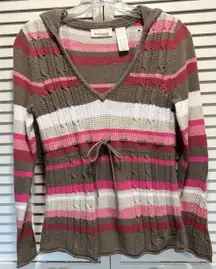 DKNY Jeans Cable Knit Hood Sweater V Neck Long Sl Size S Pink/Brown Striped Tie