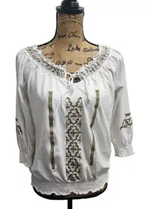 RXB‎ White Embroidered Peasant Top Blouse 3/4 Sleeve Bohemian Boho Chic Large