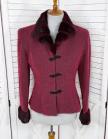 Danny & Nicole Faux Fur Trim Blazer Jacket Maroon Red 6