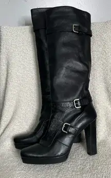 STUART WEITZMAN Belted‎ Biker Moto Heeled Platform Boots Buckle Knee High 10M