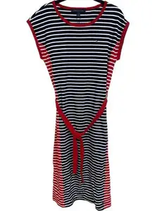 Tommy Hilfiger Midi Stripe Tie Dress Short Sleeve Size Small NWT 100%Cotton Navy