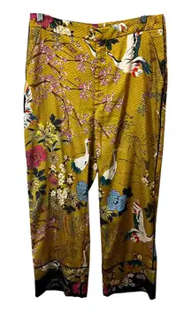 ZARA Women's M Wide Leg Satin Pants Oriental Floral Print Mustard Yellow Cropped