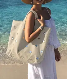 Quilted Koala Boho Large Mirror Tote Bag Stone‎ Natural Beige with Tassel