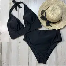 Black Tie Halter XL Bikini High-Waisted Tie Belt Accent