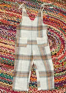 Free People Don’t You Want This Ivory Plaid Shoulder Tie Baggy Jumpsuit - Small