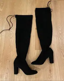 Chinese Laundry Faux Suede Knee High Heeled Boots with Pull Tie in Black