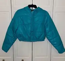 NWT naked wardrobe Teal Blue Oversized Puffy Crop Jacket Size S