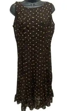 Brown/Tan Polkadot Chiffon Lined Sleeveless Dress Size 12 Ruffle Zip