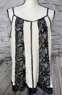 Umgee‎ Women’s Tank Top Black Lace Beige Crepe Adjustable Straps M