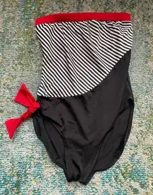 Vintage Mystic Bay strapless white black striped red bow one piece, size medium