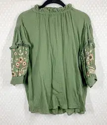 Zara‎ Green Ruffle Floral Embroidered Beaded Mock Neck Peasant Top