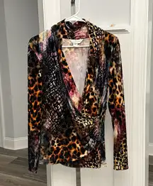 Sz M Velour Colorful Animal Print Faux Wrap Top