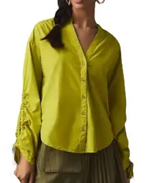 Pilcro Drawstring Poplin Blouse‎ Green Button-Up Ruched Sleeve Oversized sz XXS