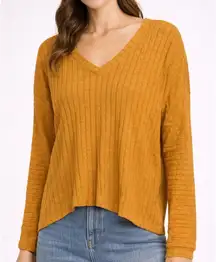 Hippie Rose Mustard Yellow Ribbed V Neck Long Sleeve Cropped Sweater Top Size S