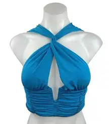 ZARA  Blue Halter Cut Out Front Ruched Twist Cross Sleeveless Crop Top Size XS