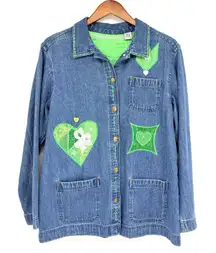 Classic Elements Womens Medium 10-12 Jean Top Green Accents St. Pattys Heart Vtg