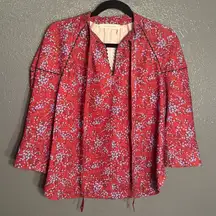 See By Chloe Women’s Red and Blue Floral Sweetheart Crepe Top Blouse Size 34 XS