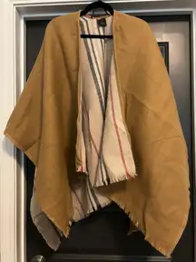 V. Fraas Cream Plaid Fringe Trim Shrug Poncho Sweater