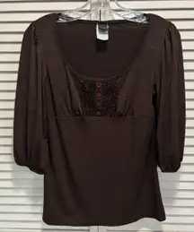 Wrapper Brown 3/4 Balloon Sleeve Blouse Scoop Neck Size L Ruffle Faux Buttons