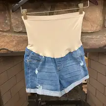 Maternity Tan and Blue High Waist Denim Shorts