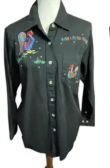 Quacker Factory Vintage 90’s Black Long Sleeve Button Down Shirt Embroidered Roo