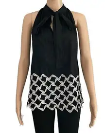 Robert Rodriguez Women 4 Embroidered Hem Key Hole Tie Front Sleeveless Top Black