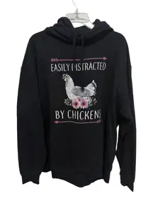 Easily Distracted by Chickens Black Hoodie 2XL Unisex Fit Farm Life Funny