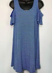 Cupio Women's Striped Scoop Neck Cold Shoulder Shift Dress Blue & White Small