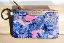 Lilly Pulitzer Wallet Pink Blue Zip ID Case Gold Tone Keychain‎ Card Holder