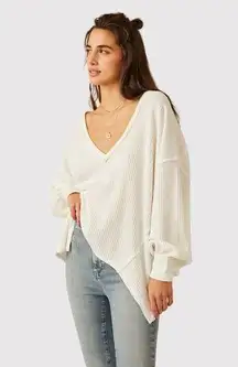 We The Free Womens Top White Coraline Thermal V Neck Waffle Knit Oversized XS