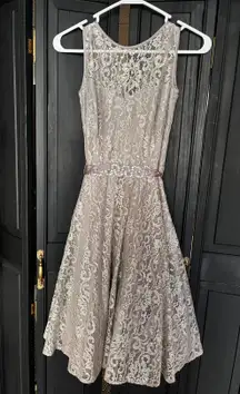 Silver Shimmer Lace Dress with Beaded Belt Size 2