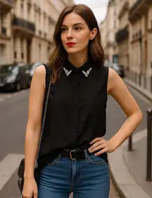 English rose chiffon sleeveless embellished collar open back shirt