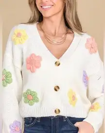 Knit cardigan crochet flowers floral ivory balloon sleeves button down vneck