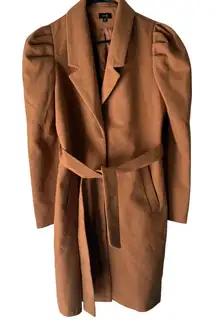 Ontwefth Tan Brown Belted‎ Coat Womens Size S Puffy Sleeves Lined Long Preppy