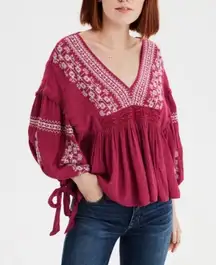 American Eagle Embroidered Boho Top Sz XL Pink Balloon Sleeves
