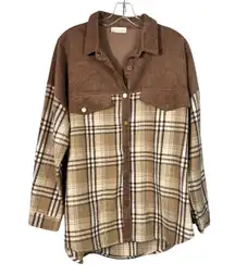 Brown Corduroy & Plaid Oversized Snap Button Front Shacket NWT S