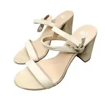 BP Sandals Womens Size 6.5 Light tan Ankle Strap Leather Open Toe Block Heel