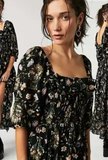 Free People Witchy Oasis Printed Midi Dress Black Floral Bohemian Large