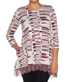 LOGO by Lori Goldstein Purple Cream Printed Top with Lace Hem and Pockets‎