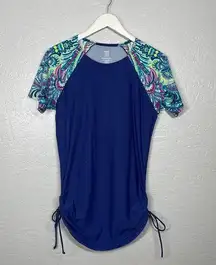 Title Nine  Women XL Blue Green Paisley Print Swim Top Short Sleeve Gathered Side