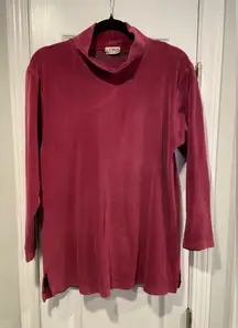 VTG L.L. Bean Size L Burgundy Velour Mock Neck Pullover Soft Split Hem Tunic Top