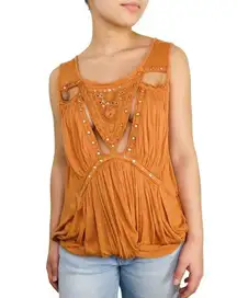 Free People Burnt Orange Bohemian Cut Out Embellished Sleeveless Top Small