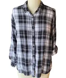 COMO VINTAGE Black & White Embroidered Plaid Rayon Flannel Shirt Top ~ Womens 1X