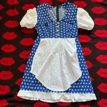 Handmade 60s 70s style apron milkmaid blue white daisy dress S