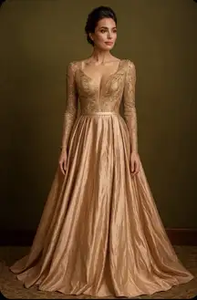 Gold Sequin A-Line Evening Gown Long Sleeve V-Neck Formal Maxi Dress Xs NWOT