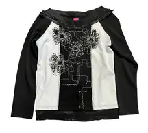 Save The Queen Italy‎ Graphic Floral Top Black White Patchwork Long Sleeve Sz Sm