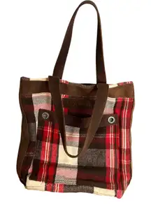 Abercrombie & Fitch Plaid Tote Bag Wool Blend Y2K Brown Red White 15" x 14.5"