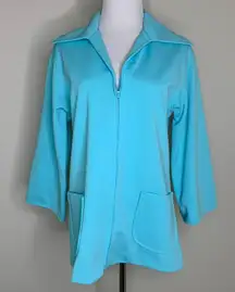 Koko Knits Vintage 70s Aqua Polyester Blazer Zip Closure Sz Medium