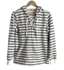 Splendid  French Terry Hoodie Sweatshirt Lace-Up Front Cream & Black Stripes, S