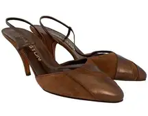 NWOT Halston 1970s Brown Suede Bronze Leather Slingback Heels - Vintage Shoes